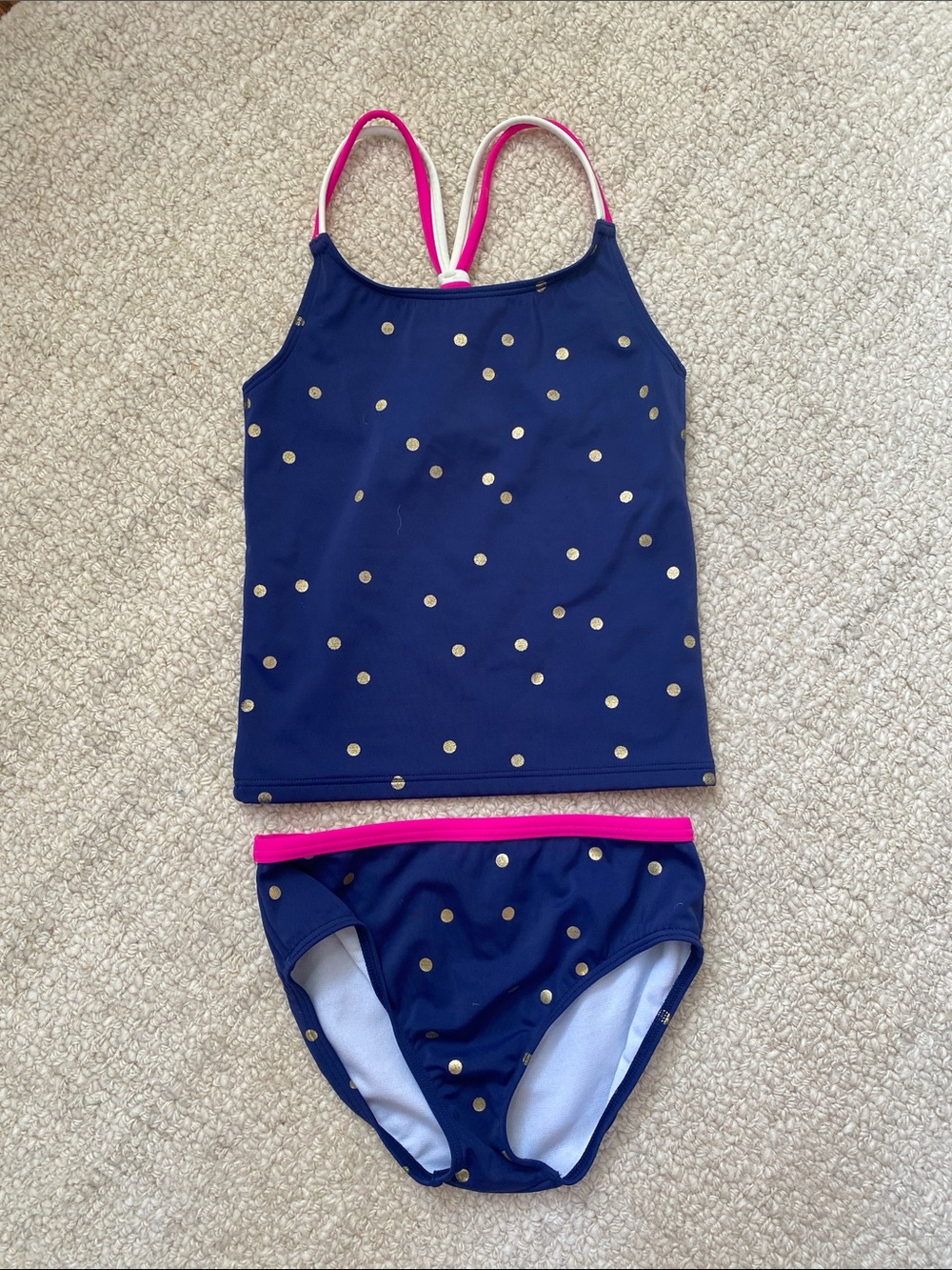 {Boden} Navy Blue and Gold Polka Dot Tankini with Pink Trim